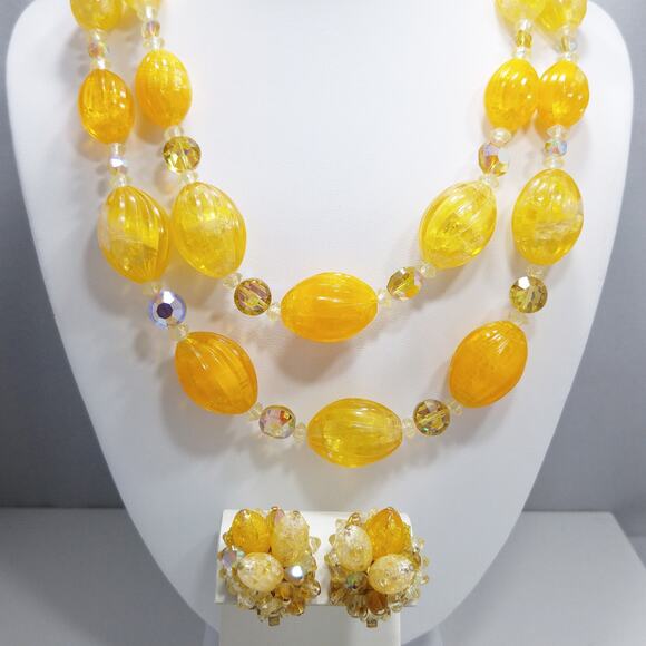 Vintage  Yellow Orange Lucite Beaded Necklace & Earrings, AB Crystals, 1960s - Picture 2 of 10